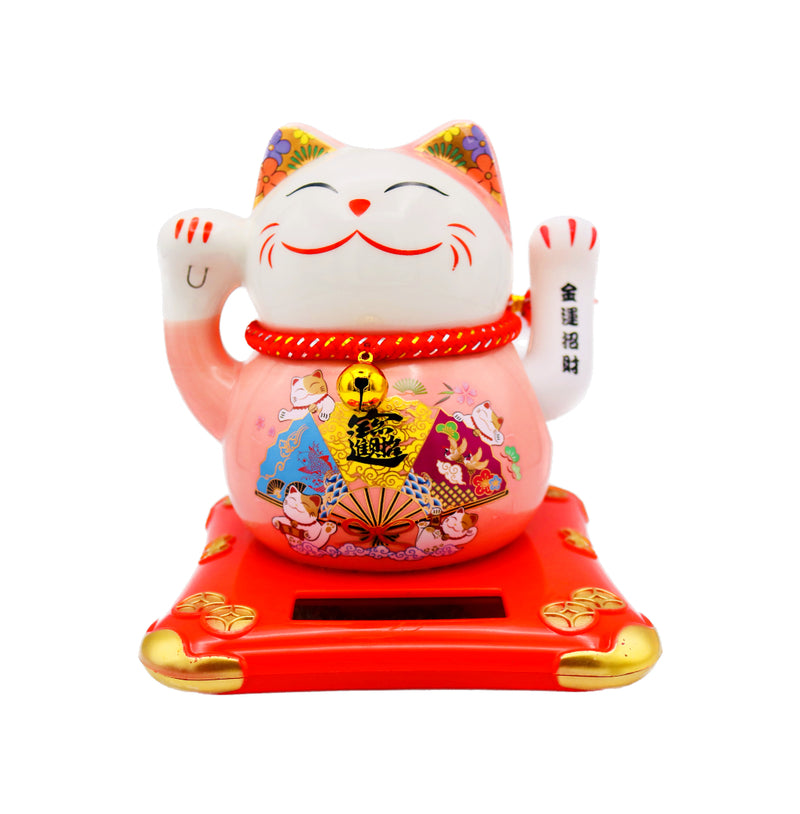 X-Large White Lucky Cat with Pink Dress (Colourful Chinese Fan design) 太陽能招財貓 18cm - Tuk Tuk Mart