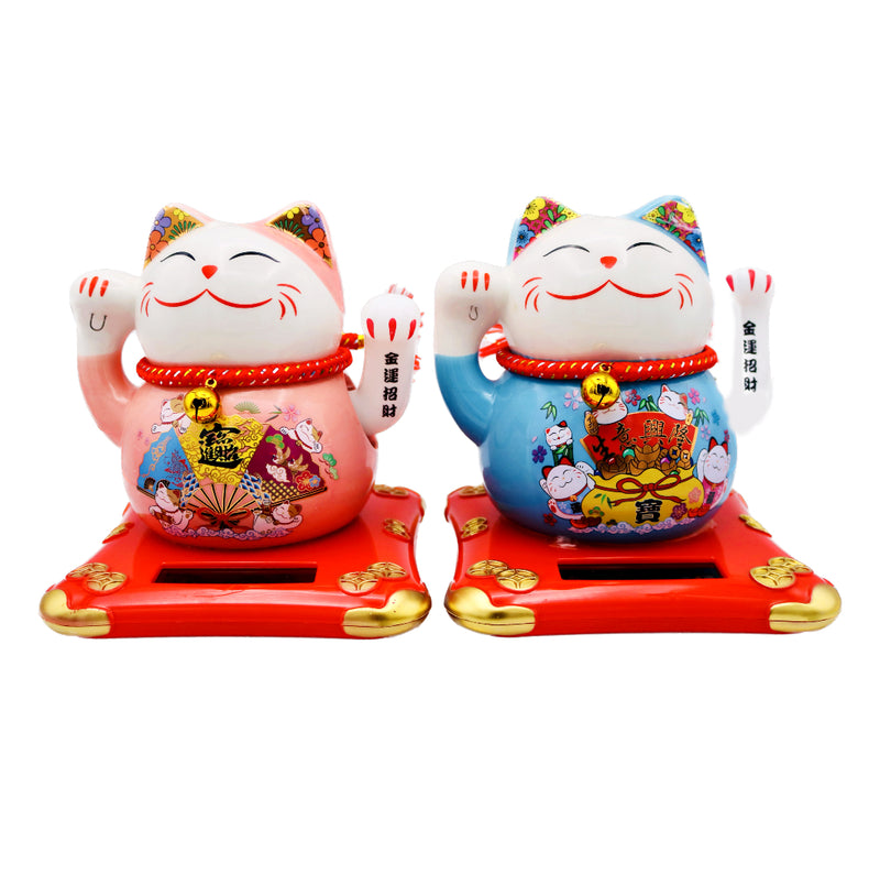 X-Large White Lucky Cat with Pink Dress (Colourful Chinese Fan design) 太陽能招財貓 18cm - Tuk Tuk Mart