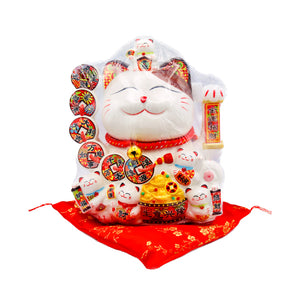 Hua Rong Sheng White Waving Lucky Cat (Red Coins & Gold ingots Basins with 'May your Business be prosperous 生意興隆' characters Design) 華榮盛招財貓 25cm - Tuk Tuk Mart