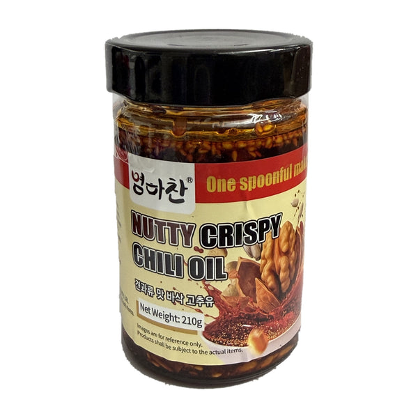 Eommachan Nutty Crispy Chilli Oil 210g jar, chilli flakes, peanuts, walnuts and sesame in oil