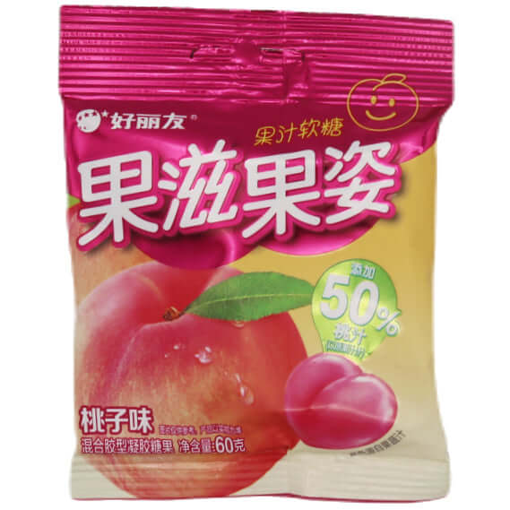 Orion Peach Flavoured Gummy Candy 好朋友 果滋果姿 桃子味 60g - Tuk Tuk Mart