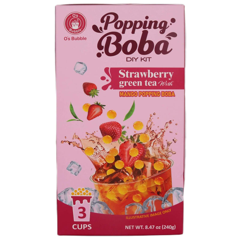 O's Bubble Popping Boba DIY Kit Strawberry Green Tea with Mango Popping Boba (3 Cups) 240g - Tuk Tuk Mart