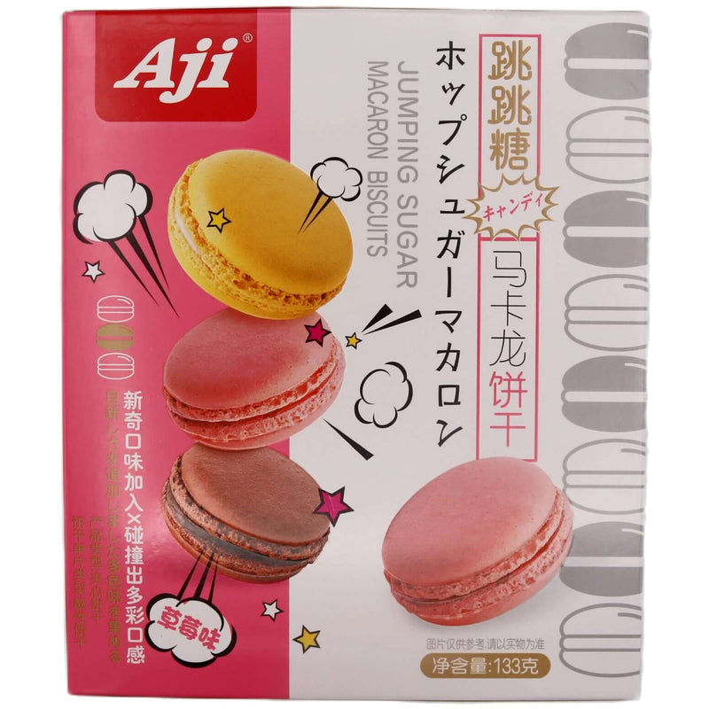 Aji Popping Candy Macaron Biscuit Strawberry Flavour 跳跳糖馬卡龍餅乾 草莓味 133g - Tuk Tuk Mart