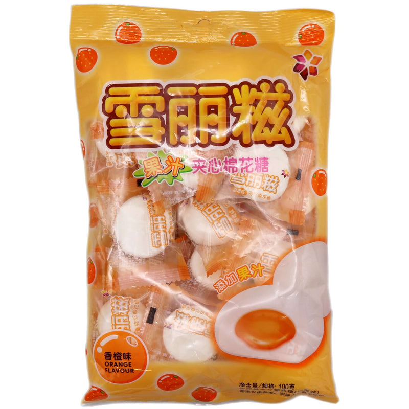 Xue Li Ci Marshmallow with Filling Orange Flavour 雪丽糍 香橙味夹心棉花糖 100g - Tuk Tuk Mart