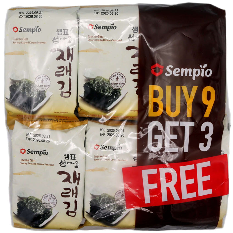 Sempio Jaerae Gim, Savoury Roasted Korean Seaweed (9+3 Mini Packs) (5g*12 packs) 60g - Tuk Tuk Mart