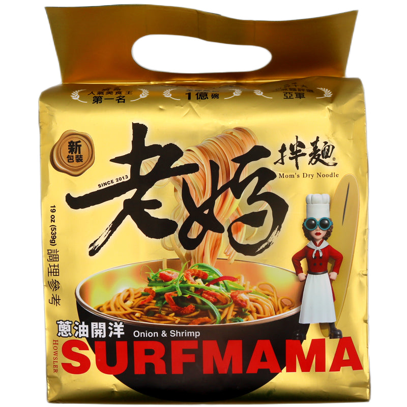 Mom's Dry Noodle Spring Onion & Shrimp Noodles 老媽拌麵 蔥油開洋味 (134.8g*4pcs) 539.2g - Tuk Tuk Mart
