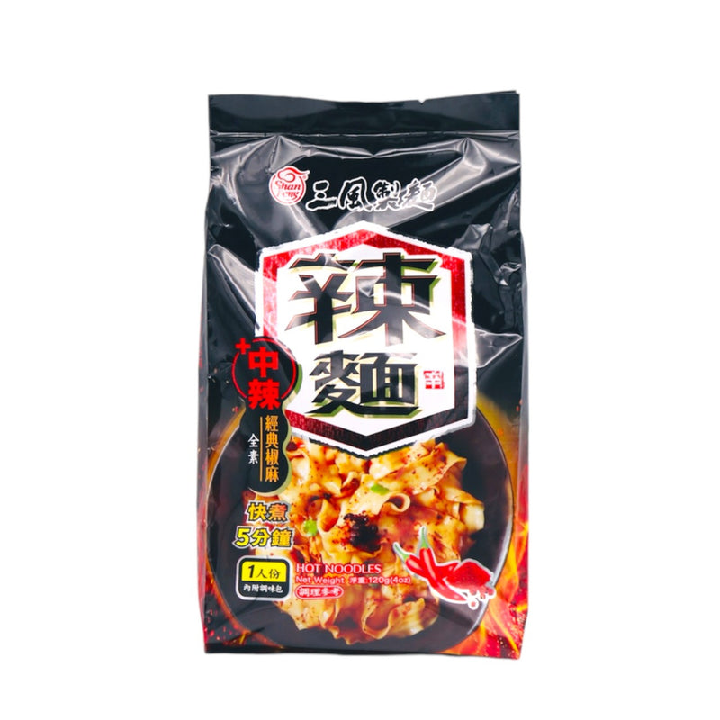 Shan Feng Hot Pappardelle Noodles with Sichuan Pepper Dressing 三風製麵 中辣經典椒麻辣麵 120g - Tuk Tuk Mart