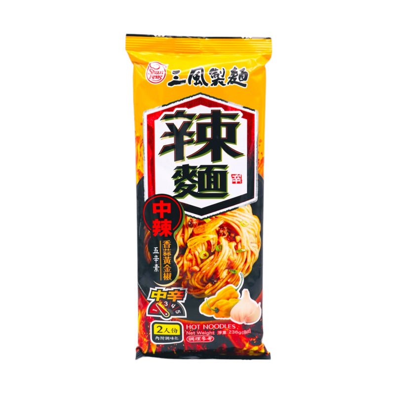 Shan Feng Hot Noodles with Garlic Golden Pepper Dressing 三風製麵 中辣香蒜黃金椒辣麵 (2 Servings) 240g - Tuk Tuk Mart