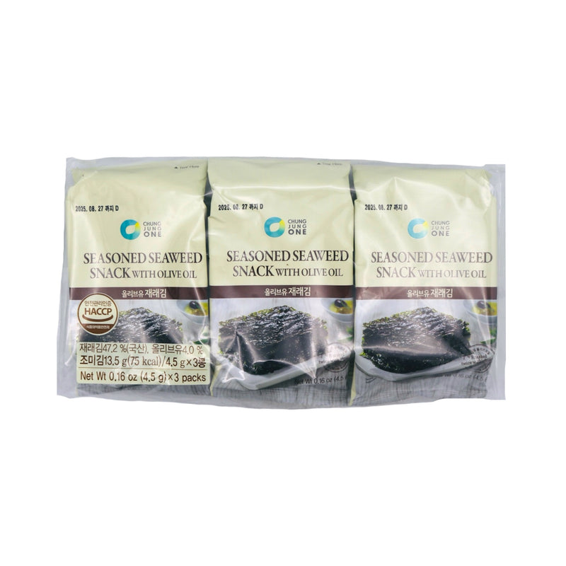 Chung Jung One Seasoned Seaweed Snack with Olive Oil (4.5g*3pkgs) 13.5g - Tuk Tuk Mart
