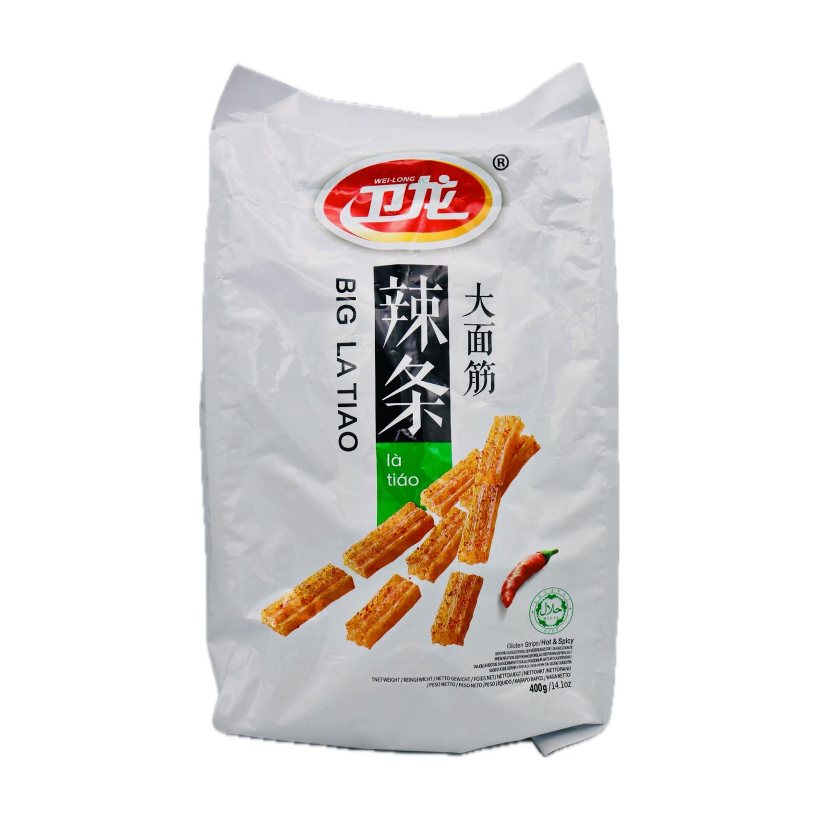 Wei Long Big La Tiao (Gluten Strips) Hot Spicy Flavoured with Sugar & Sweeteners 衛龍香辣味大麵筋 400g - Tuk Tuk Mart