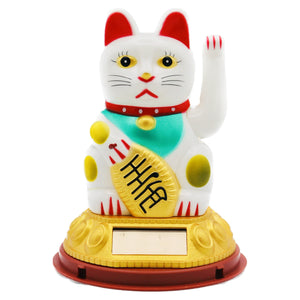 White Solar Lucky White Cat with Gold Ingot 白色太陽能招財貓 12cm - Tuk Tuk Mart