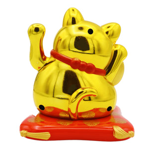 Golden Solar Lucky Cat with Gold Ingot 金色太陽能招財貓 12cm - Tuk Tuk Mart