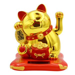 Golden Solar Lucky Cat with Gold Ingot 金色太陽能招財貓 12cm - Tuk Tuk Mart