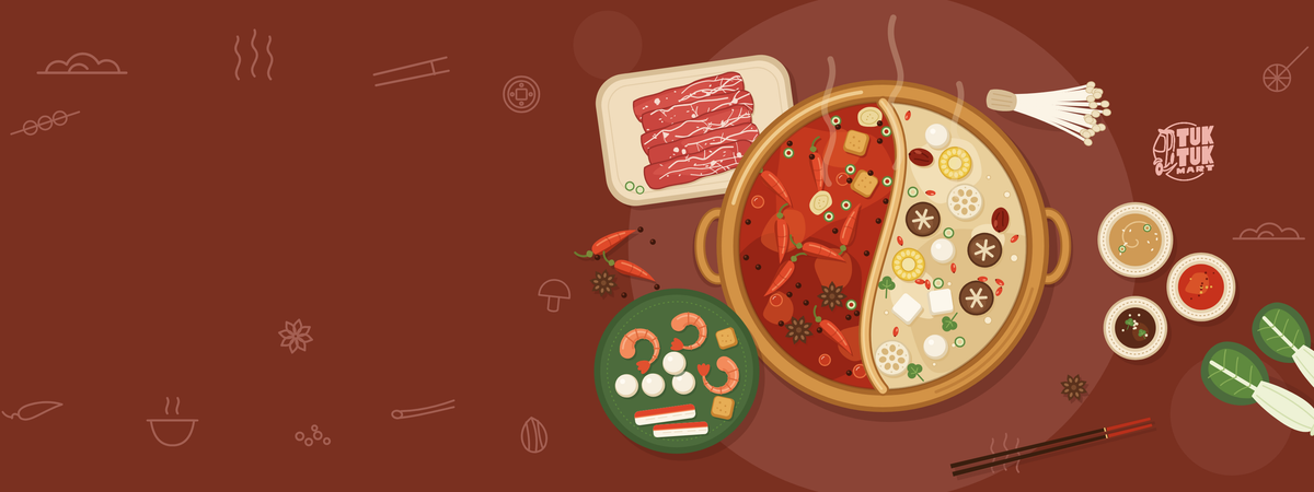 Hotpot season hero, desktop. Illustrated flat lay of a split mala and herbal broth hotpot with marbled beef, seafood, mushrooms and dipping sauces on maroon.