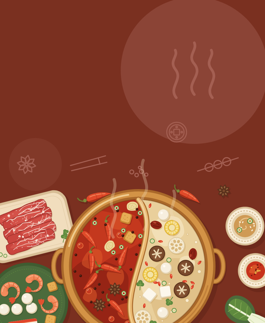 Hotpot season hero, mobile. Illustrated flat lay of a split mala and herbal broth hotpot with marbled beef, seafood, mushrooms and dipping sauces on maroon.