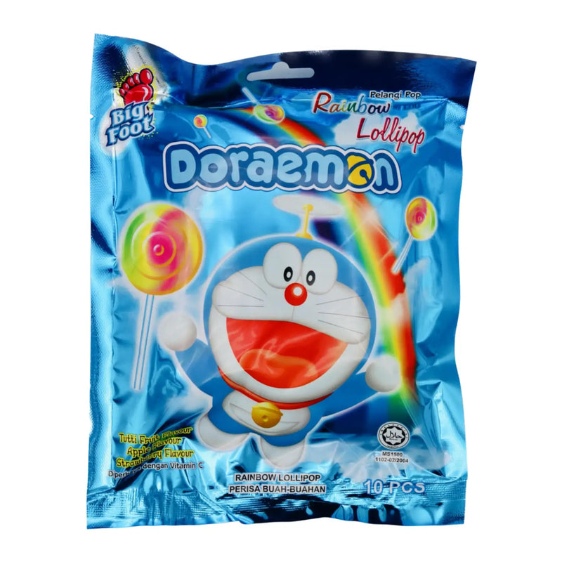 *Big Foot Doraemon Rainbow Lollipop Tutti Fruit & Apple & Strawberry Flavour 哆啦A夢棒棒糖 (10 Pcs) 100g - Tuk Tuk Mart