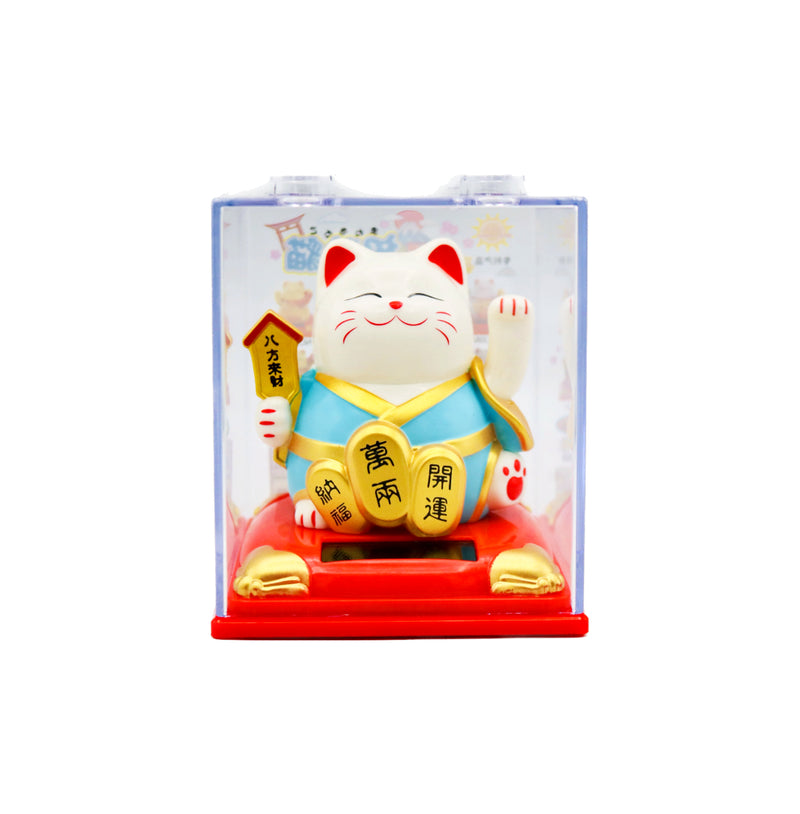 Medium White Lucky Cat with Light Blue Dress (Golden Signboard with 'Fortune comes from all quarters 八方來財' & Golden Bricks with 'Happiness bringing in 納福', 'A tons of Gold 萬兩' and 'Luck bringing in 開運' design) 太陽能招財貓 8cm - Tuk Tuk Mart