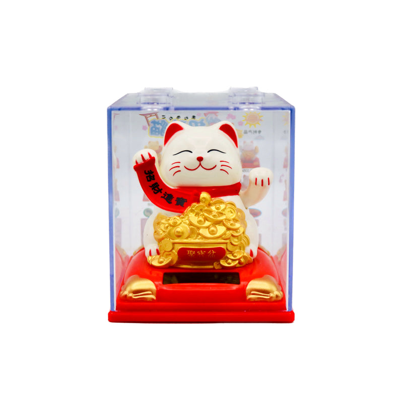 Medium White Lucky Cat (Red Banner with 'Wealth and treasure bringing in 招財進寶' & 'Golden ingots Basin 聚寶盆' design) 太陽能招財貓 8cm - Tuk Tuk Mart