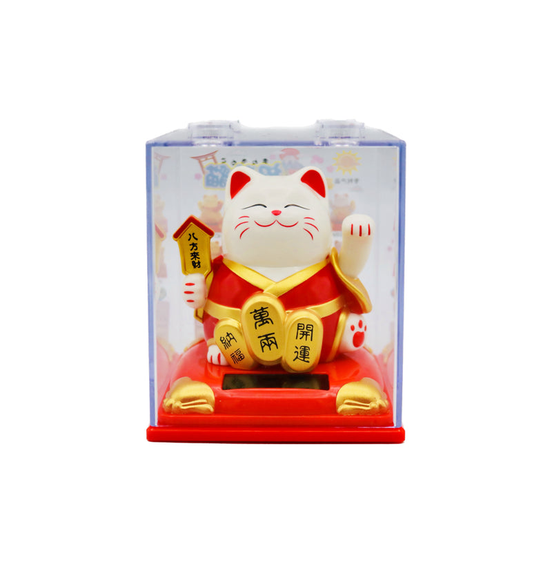 Medium White Lucky Cat with Red Dress (Golden Signboard with 'Fortune comes from all quarters 八方來財' & Golden Bricks with 'Happiness bringing in 納福', 'A tons of Gold 萬兩' and 'Luck bringing in 開運' design) 太陽能招財貓 8cm - Tuk Tuk Mart