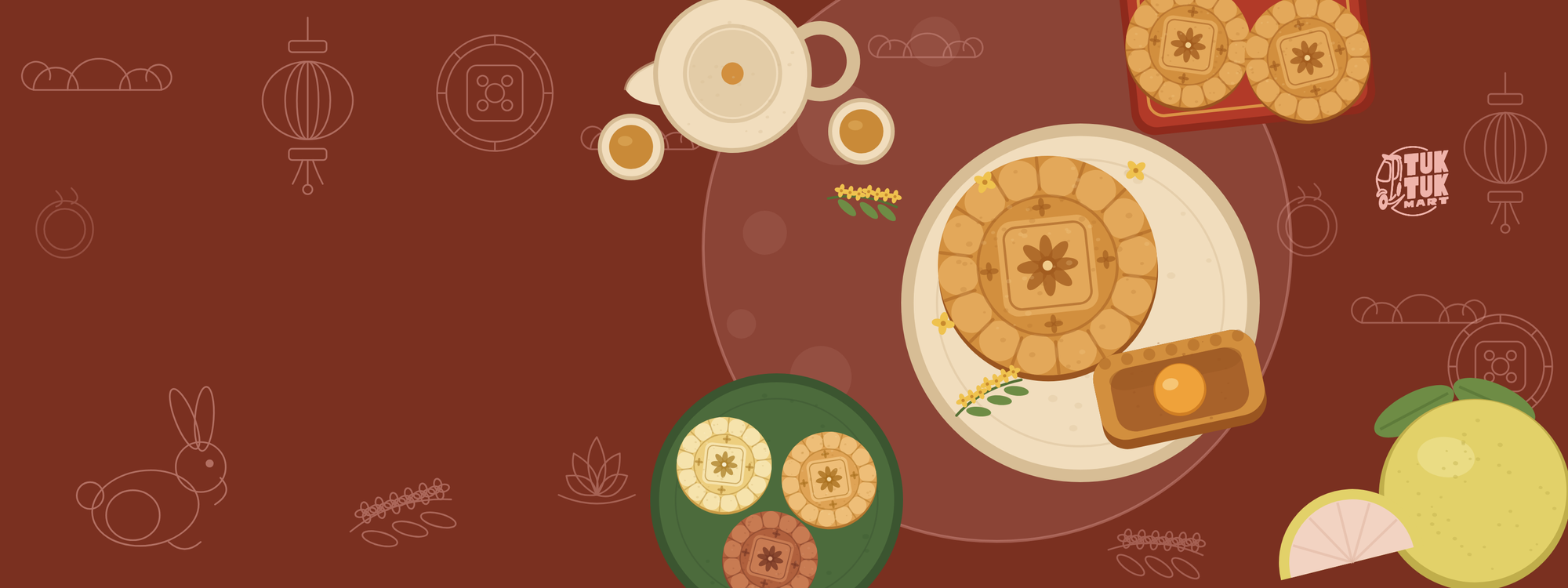 Mid-Autumn mooncake hero, desktop. Illustrated flat lay of mooncakes, tea and pomelo on maroon.