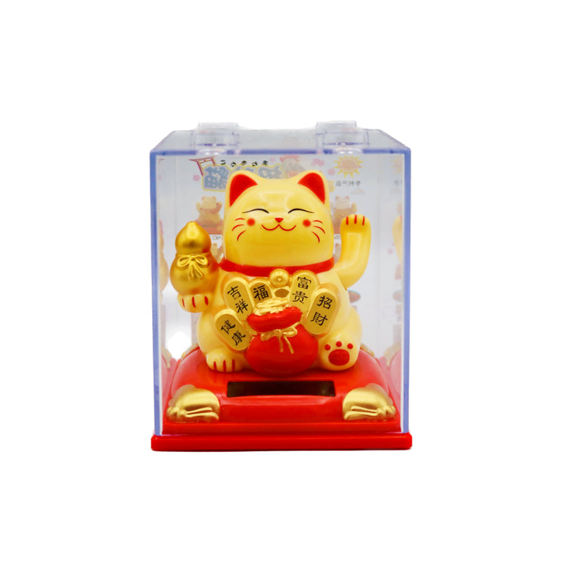 Medium Yellow Lucky Cat (Golden gourd & Golden Bricks with 'Heath 健康, Auspiciousness吉祥, Fu Blessing 福, Wealth 富貴, Fortune bringing in 招財' and Gold ingots bag design) 太陽能招財貓 8cm - Tuk Tuk Mart