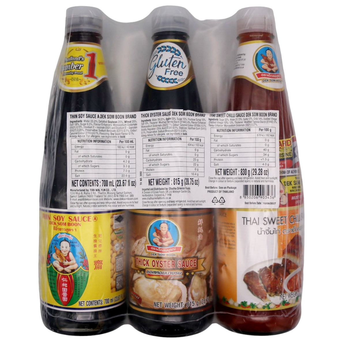 Dek Som Boon Multipack (Thin Soy Sauce 700ml, Thick Oyster Sauce 815g, Thai Sweet Chilli Sauce 830g) - Tuk Tuk Mart