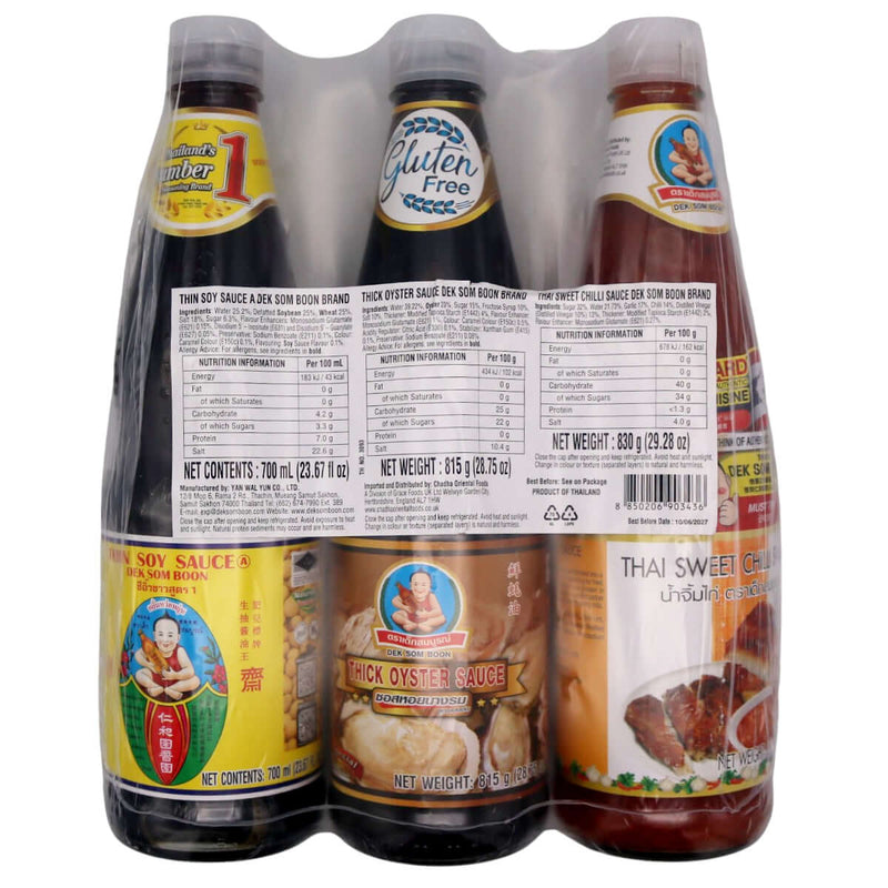 Dek Som Boon Multipack (Thin Soy Sauce 700ml, Thick Oyster Sauce 815g, Thai Sweet Chilli Sauce 830g) - Tuk Tuk Mart