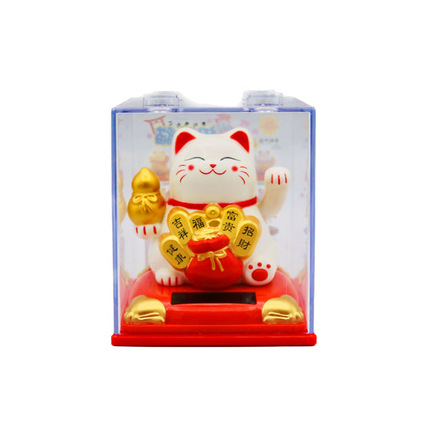 Medium White Lucky Cat (Golden gourd & Golden Bricks with 'Heath 健康, Auspiciousness吉祥, Fu Blessing 福, Wealth 富貴, Fortune bringing in 招財' and Gold ingots bag design) 太陽能招財貓 8cm - Tuk Tuk Mart