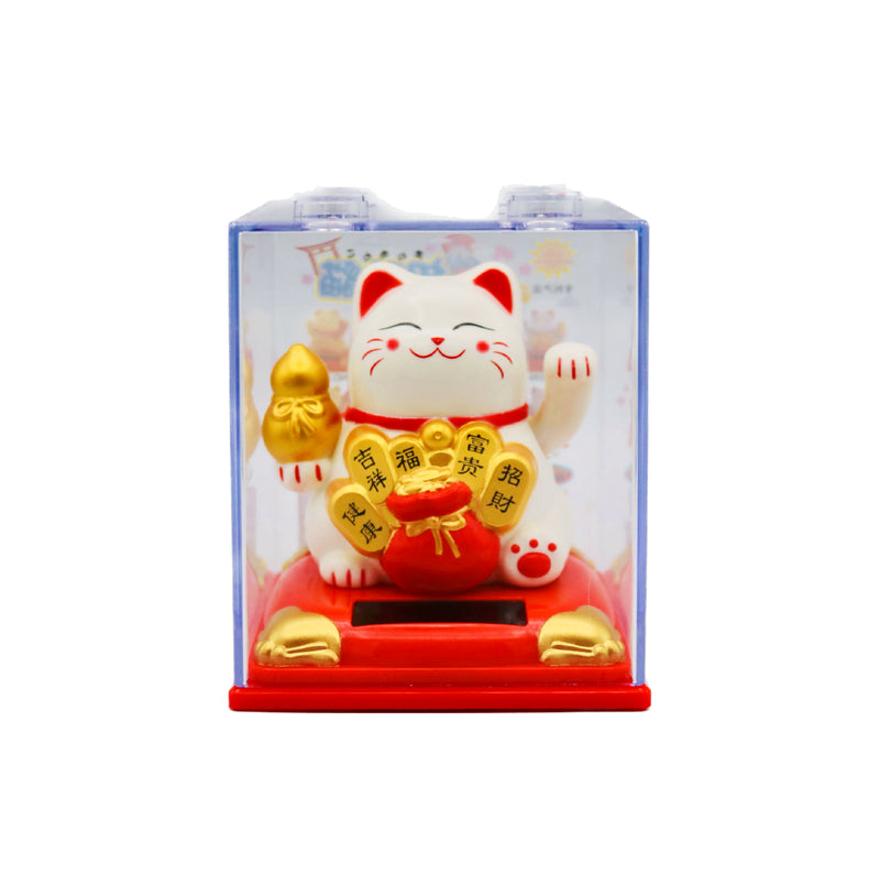Medium White Lucky Cat (Golden gourd & Golden Bricks with 'Heath 健康, Auspiciousness吉祥, Fu Blessing 福, Wealth 富貴, Fortune bringing in 招財' and Gold ingots bag design) 太陽能招財貓 8cm - Tuk Tuk Mart