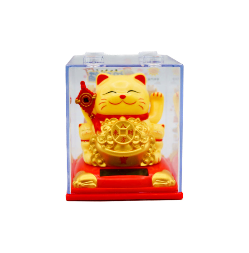 Medium Yellow Lucky Cat (Chinese knot with 'Fu blessing 福' & Golden ingots Basin with 'Fortune comes from all quarters 八方來財'design) 太陽能招財貓 8cm - Tuk Tuk Mart
