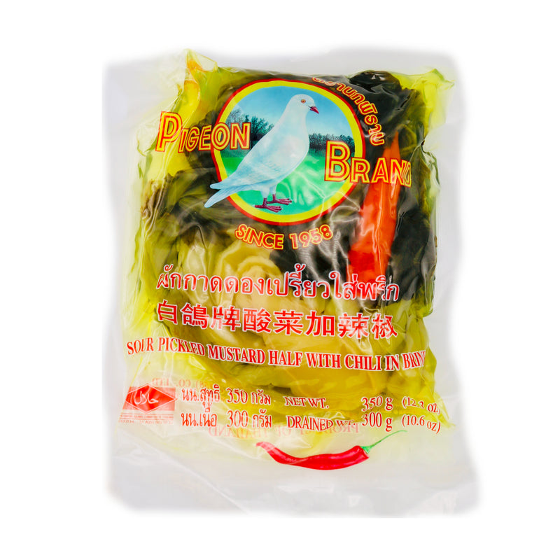 Pigeon Brand Sour Pickled Mustard Half with Chilli in Brine 350g | Tuk Tuk Mart