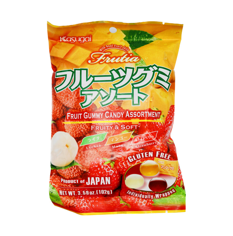 *Kasugai Frutia Fruits Gummy Assortment - Strawberry, Mango & Lychee Flavours 102g | Tuk Tuk Mart