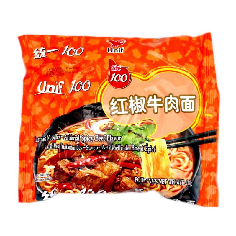 Unif 100 Artificial Spicy Beef Flavour Instant Noodles 统一100红椒牛肉面 108g - Tuk Tuk Mart